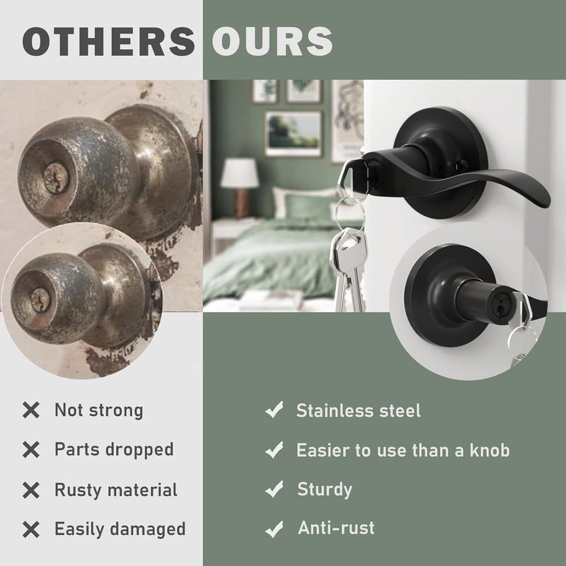Voraus Entry Exterior Door Handle with Turn Lock,Matte Black Door knobs Exterior Door Lock Set,Bedroom Door Locks Lever Door Handle, 2 Pack - Image 3